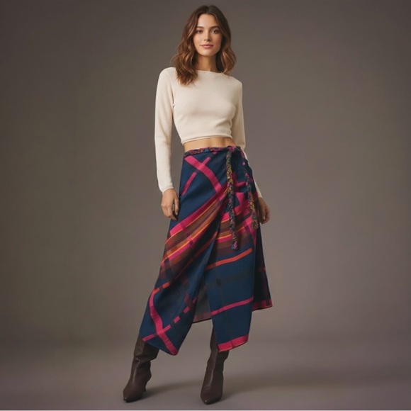 FARM Rio Dresses & Skirts - Farm Rio x Anthropologie Plaid Wrap Skirt Tie Waist Linen Blend Size Small